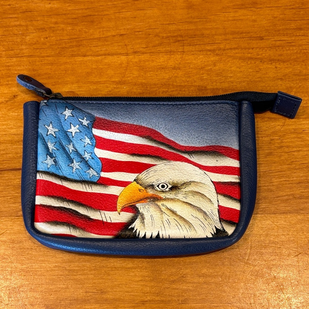 Anuschka Hand Painted Leather Patriotic Eagle and Flag Coin Purse Wallet Pouch🇺🇸